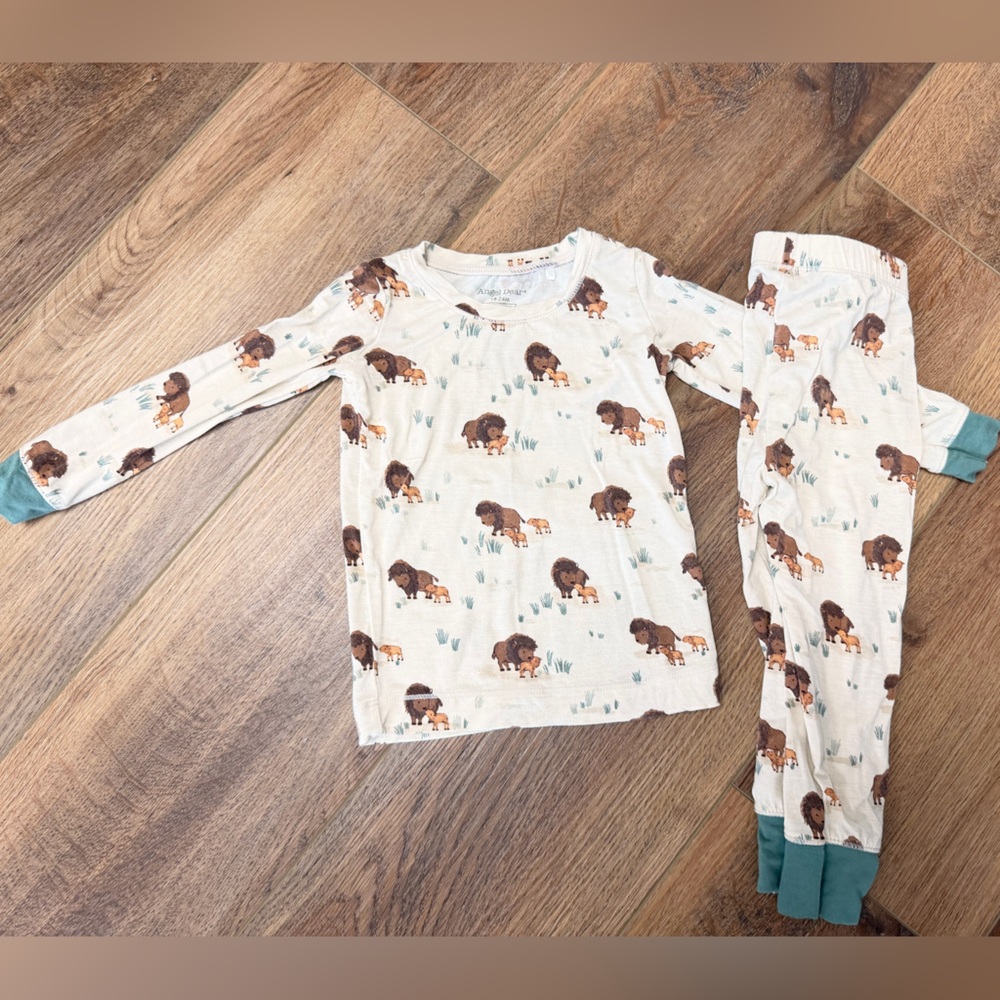 Angel Dear Bamboo 2 Piece Pajama Set in Cream Bison Print with Green Cuff Accent